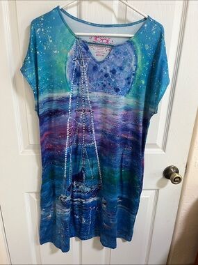 Blue Nautical-Print Midi Dress with Sailboat Artwork - Medium